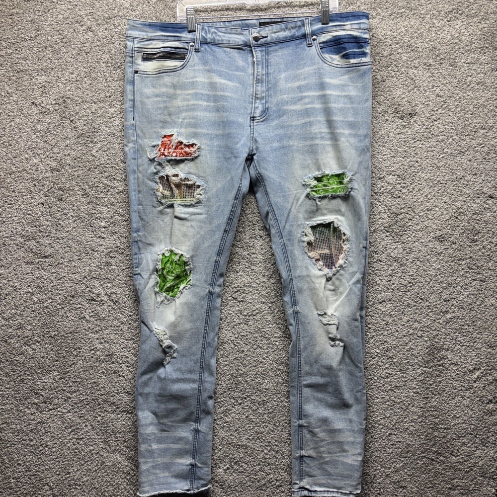 Rockstar Original Jeans Men 42x32 Blue Ultra Slim Distressed Paisley Rhinestones